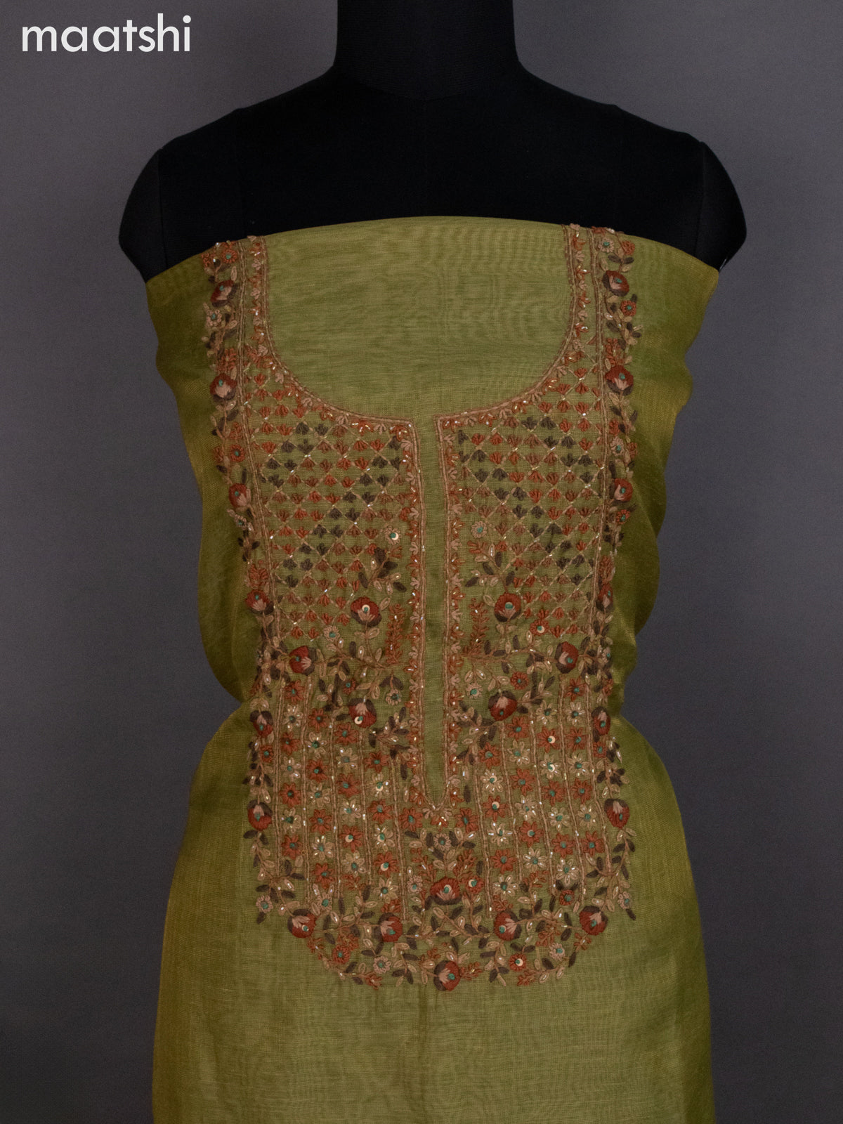 Tissue linen dress material mustard green with kantha stich work neck pattern and bottom & dupatta
