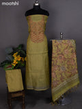 Tissue linen dress material mustard green with kantha stich work neck pattern and bottom & dupatta