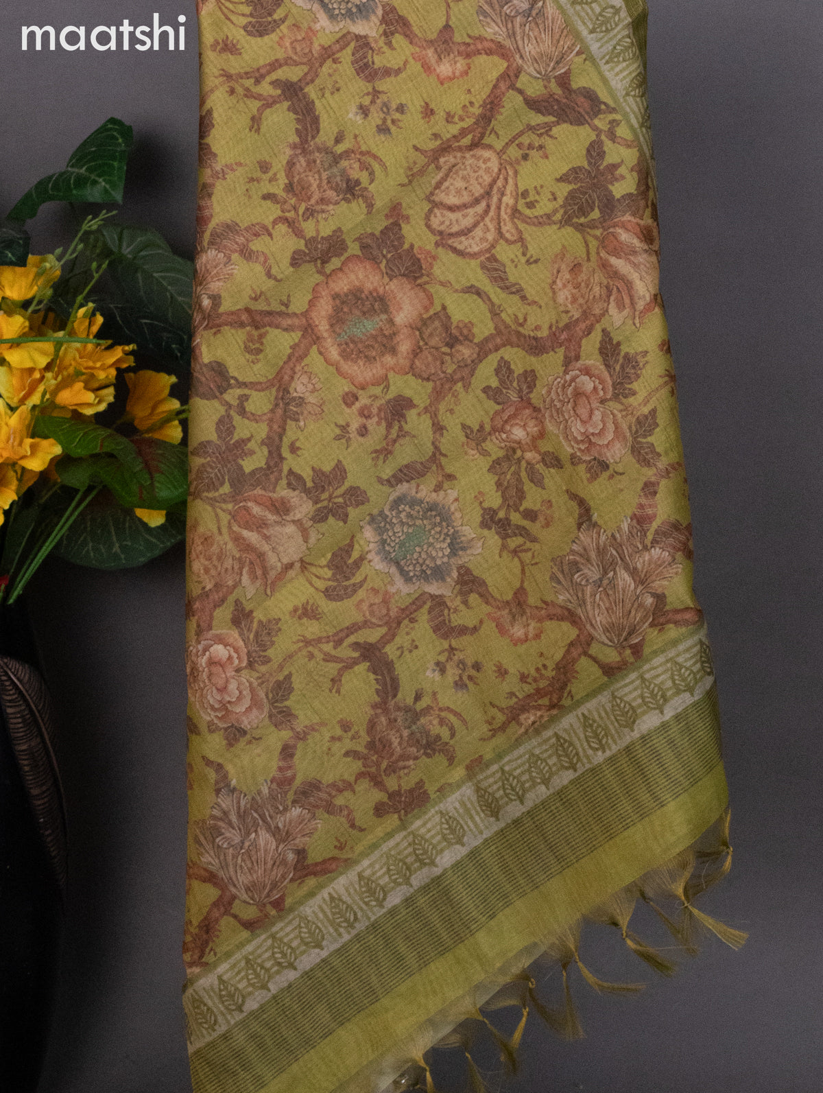 Tissue linen dress material mustard green with kantha stich work neck pattern and bottom & dupatta