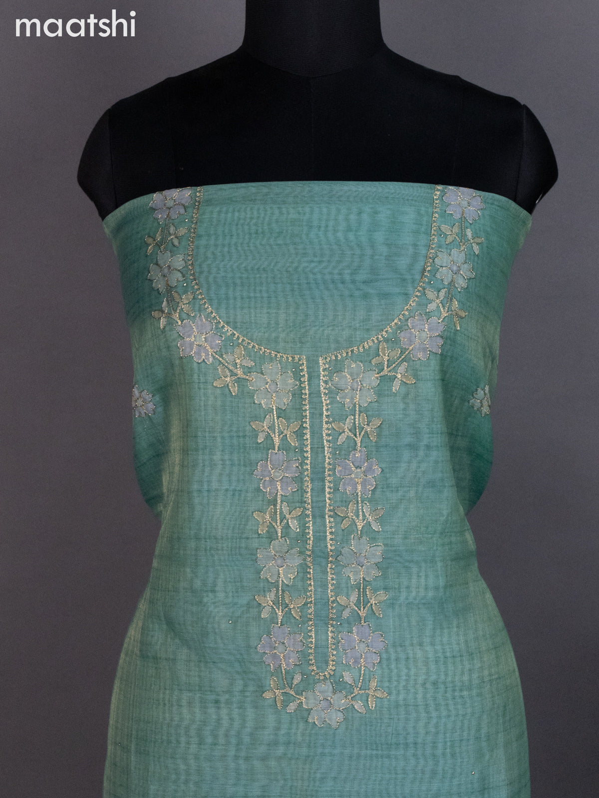 Tissue linen dress material teal blue with floral pita work neck pattern and bottom & dupatta