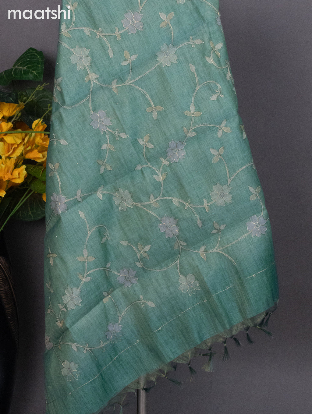 Tissue linen dress material teal blue with floral pita work neck pattern and bottom & dupatta