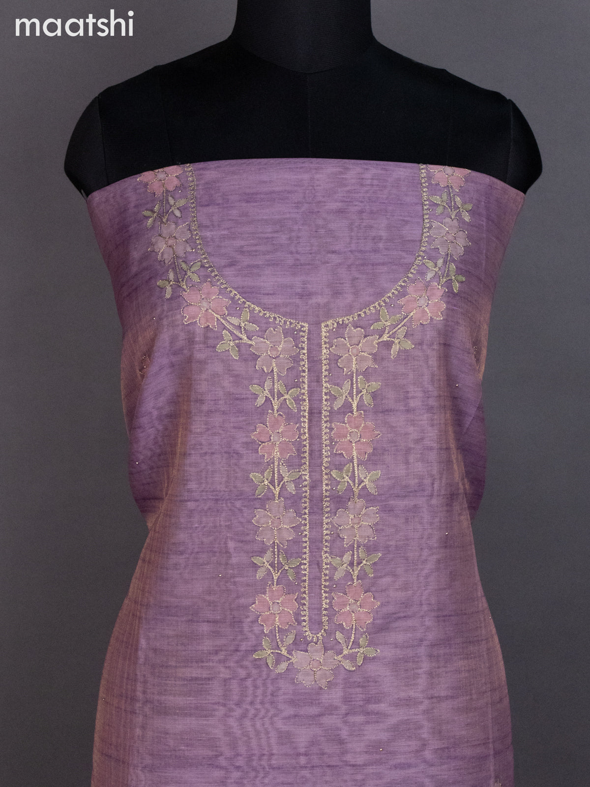 Tissue linen dress material lavender with floral pita work neck pattern and bottom & dupatta