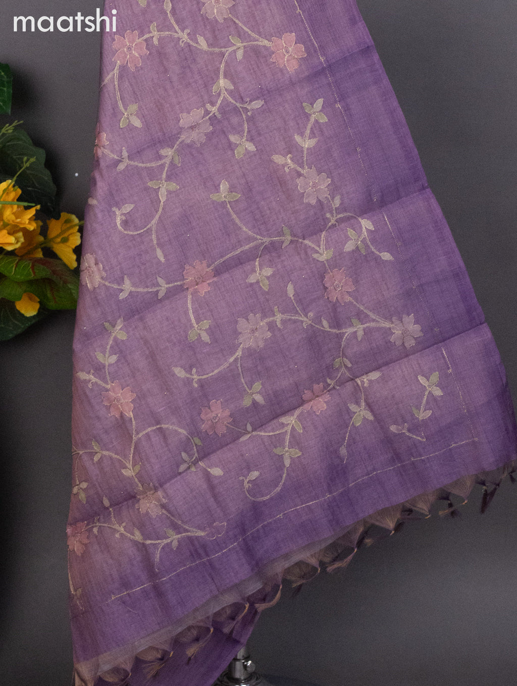 Tissue linen dress material lavender with floral pita work neck pattern and bottom & dupatta