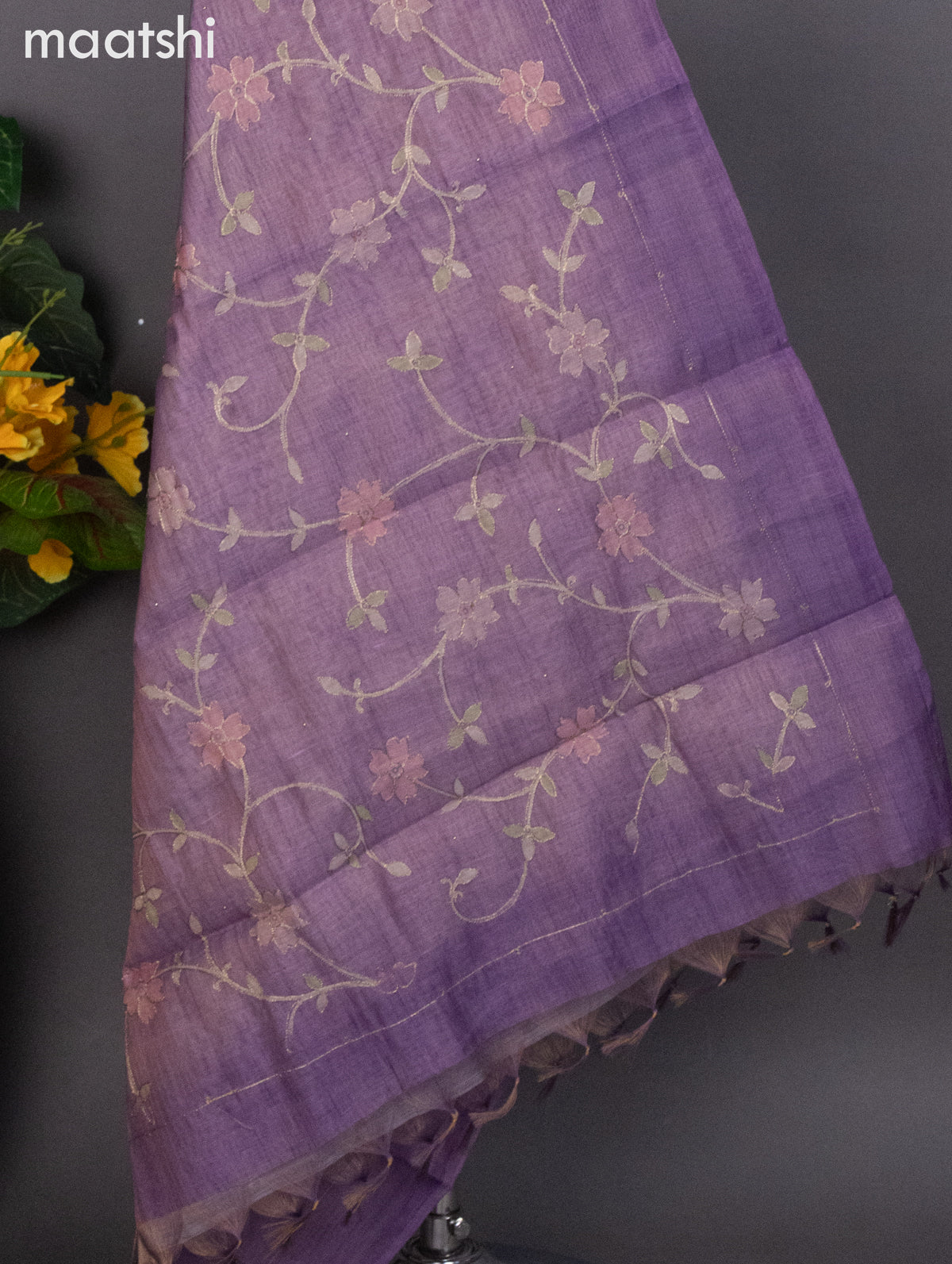Tissue linen dress material lavender with floral pita work neck pattern and bottom & dupatta
