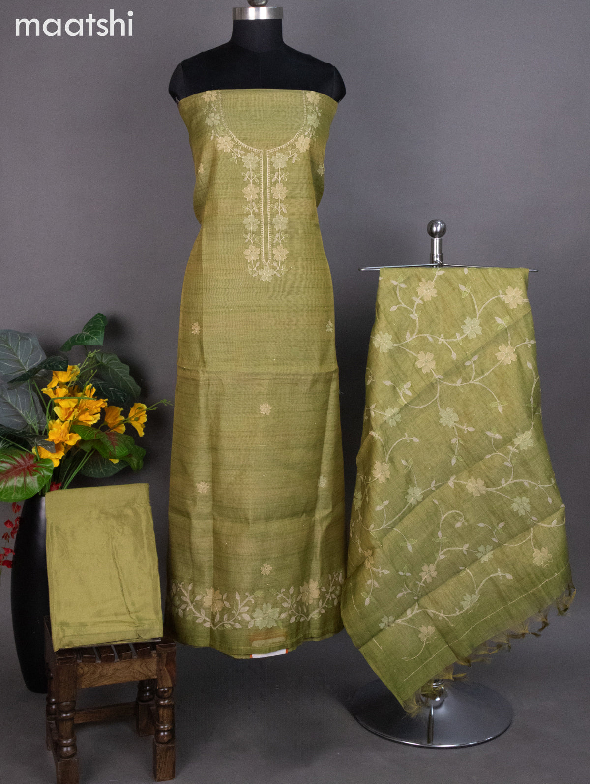 Tissue linen dress material mehendi green with floral pita work neck pattern and bottom & dupatta