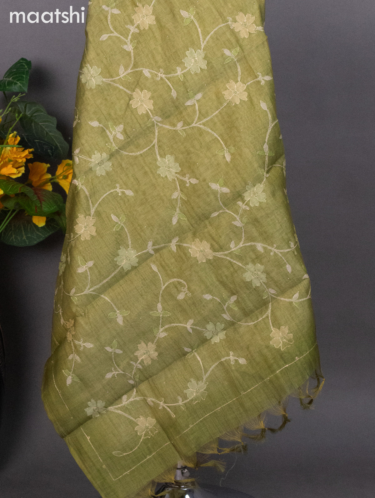 Tissue linen dress material mehendi green with floral pita work neck pattern and bottom & dupatta