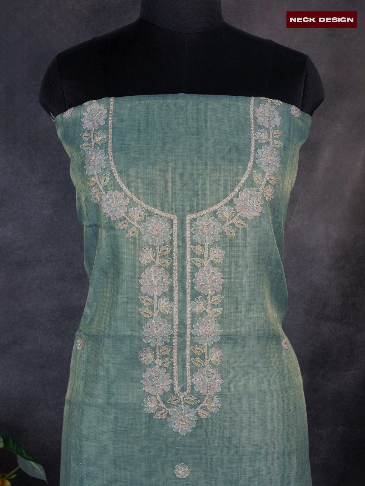 Tissue linen dress material teal green shade with buttas & floral design pita work neck pattern and bottom & dupatta