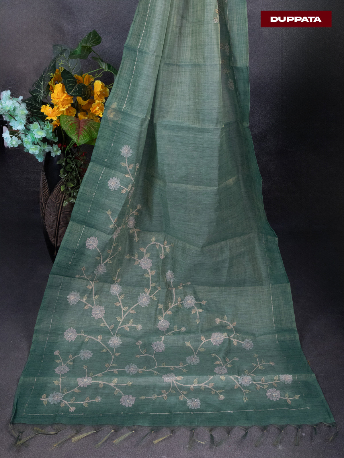 Tissue linen dress material teal green shade with buttas & floral design pita work neck pattern and bottom & dupatta