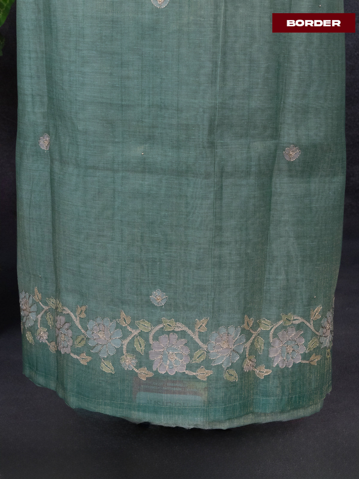 Tissue linen dress material teal green shade with buttas & floral design pita work neck pattern and bottom & dupatta