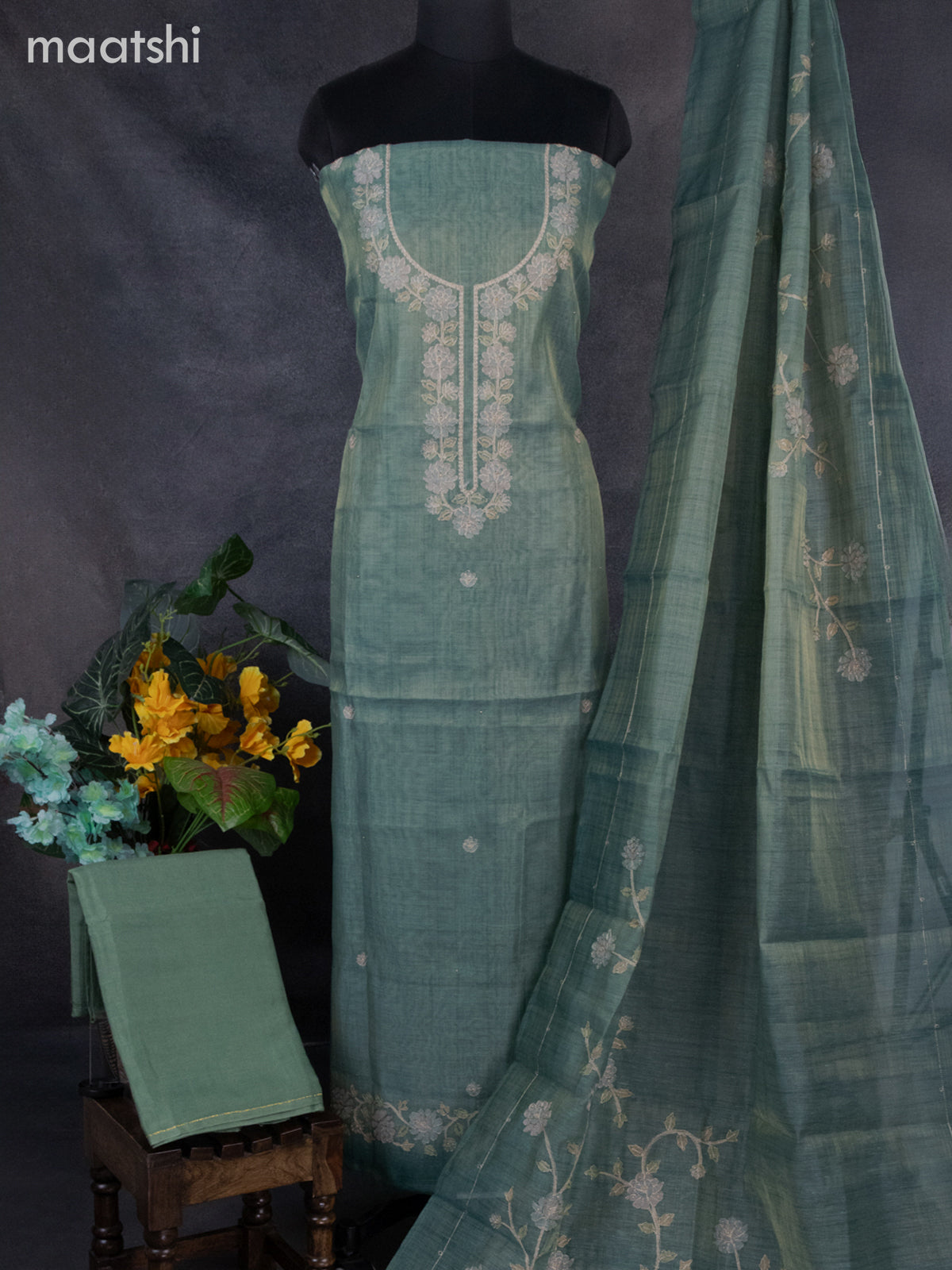 Tissue linen dress material teal green shade with buttas & floral design pita work neck pattern and bottom & dupatta