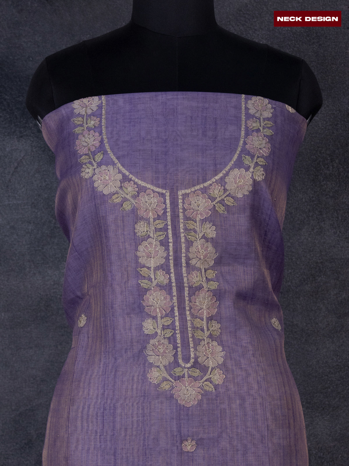 Tissue linen dress material purple with buttas & floral design pita work neck pattern and bottom & dupatta