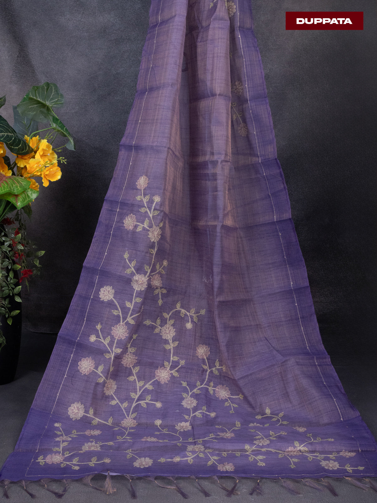 Tissue linen dress material purple with buttas & floral design pita work neck pattern and bottom & dupatta