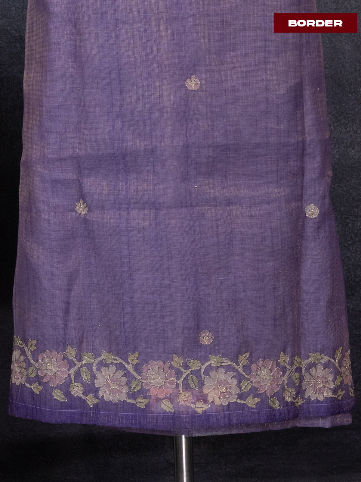 Tissue linen dress material purple with buttas & floral design pita work neck pattern and bottom & dupatta