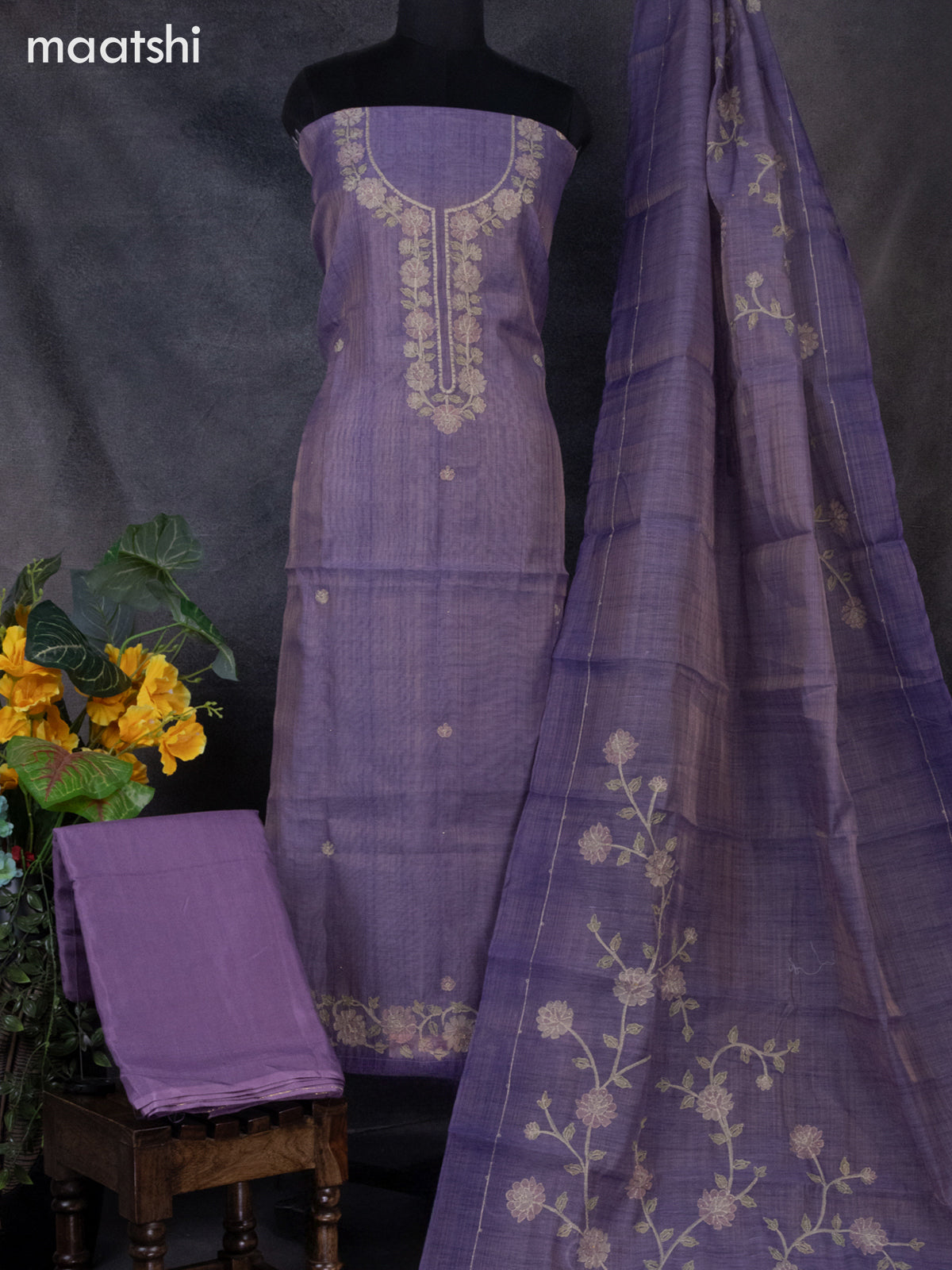Tissue linen dress material purple with buttas & floral design pita work neck pattern and bottom & dupatta