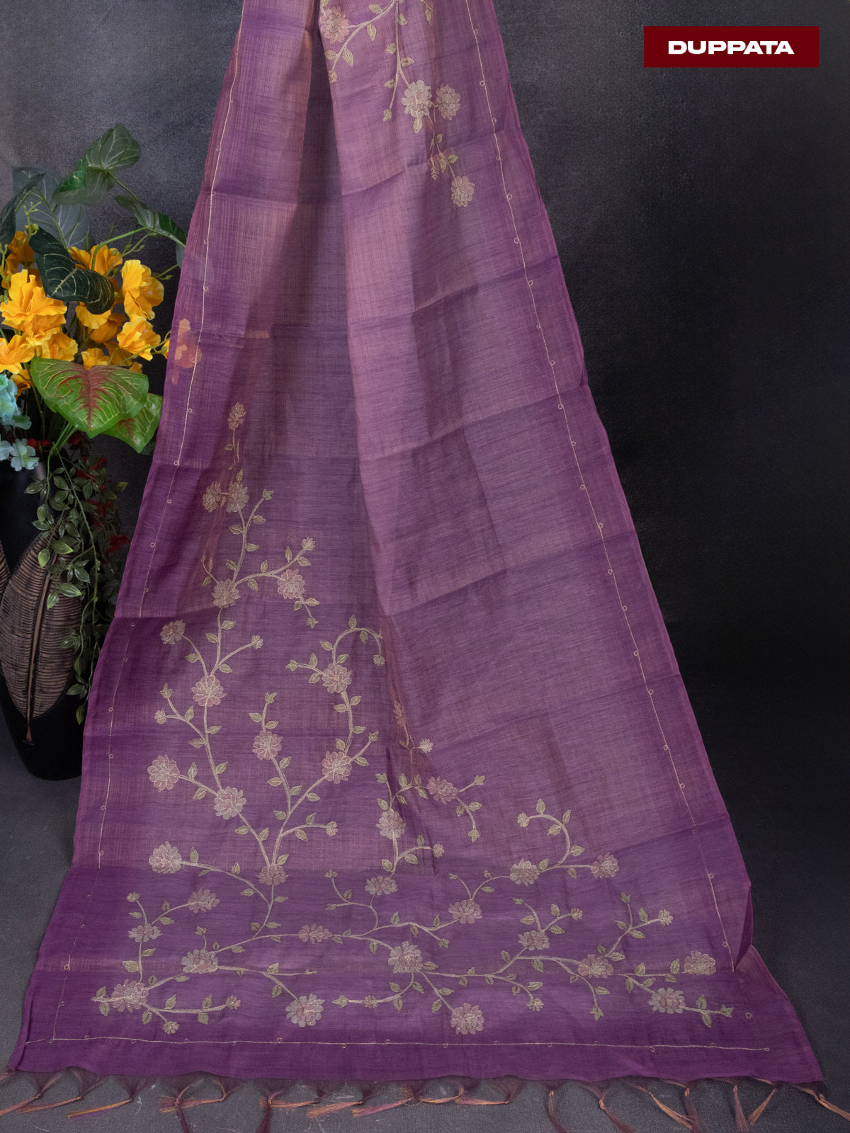 Tissue linen dress material onion pink with buttas & floral design pita work neck pattern and bottom & dupatta