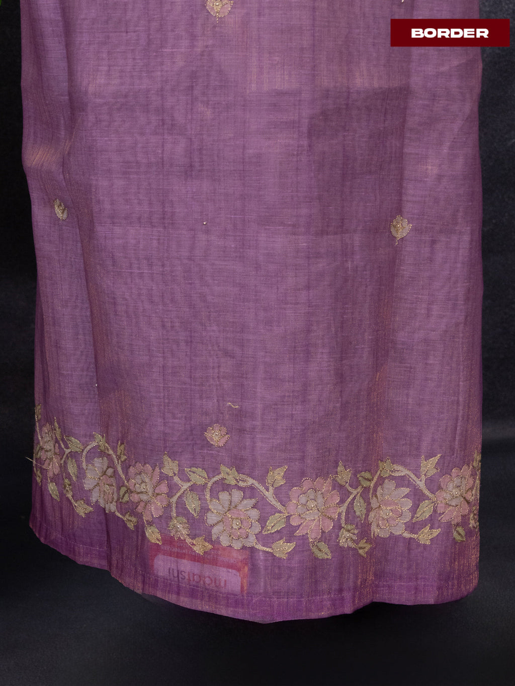Tissue linen dress material onion pink with buttas & floral design pita work neck pattern and bottom & dupatta