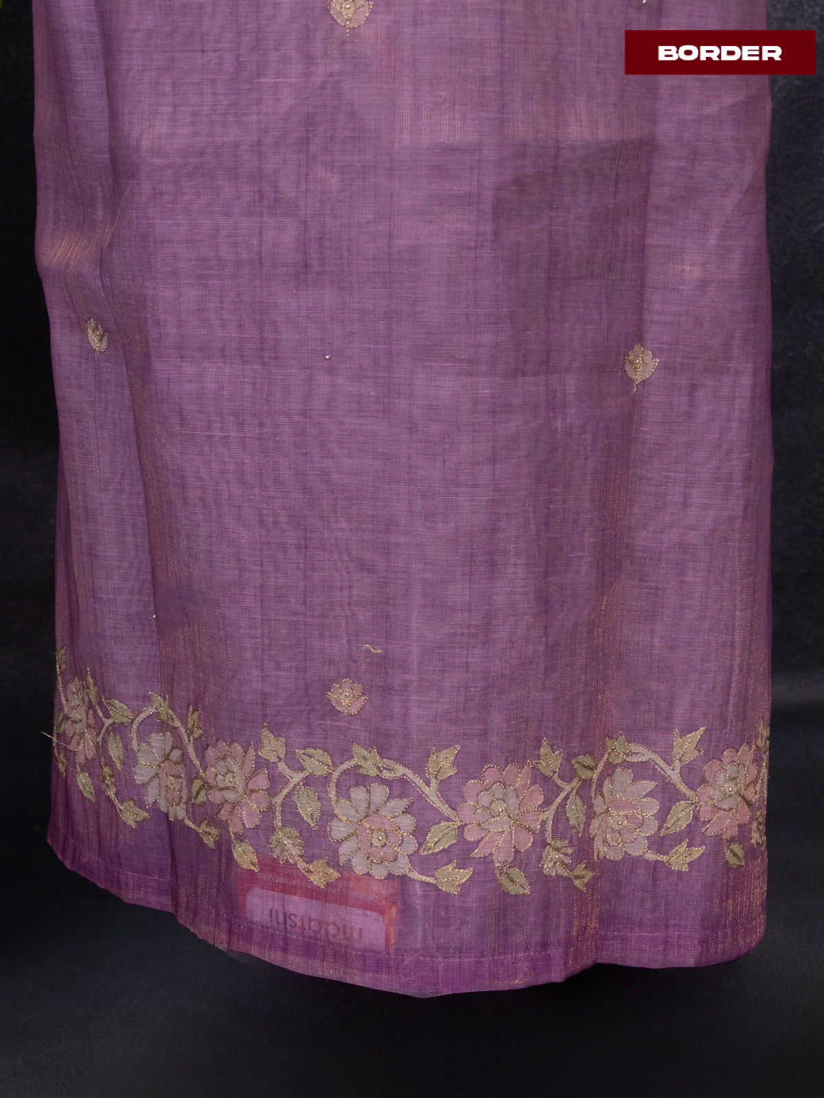 Tissue linen dress material onion pink with buttas & floral design pita work neck pattern and bottom & dupatta