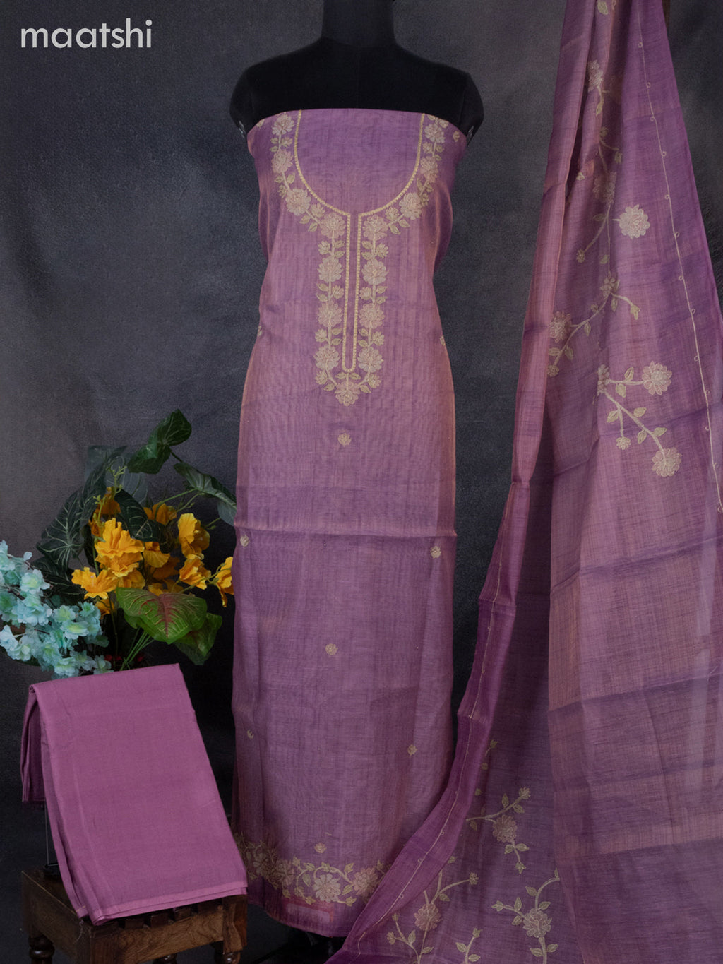 Tissue linen dress material onion pink with buttas & floral design pita work neck pattern and bottom & dupatta