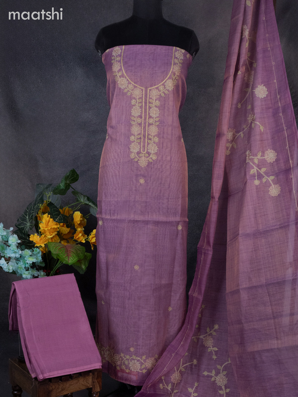 Tissue linen dress material onion pink with buttas & floral design pita work neck pattern and bottom & dupatta