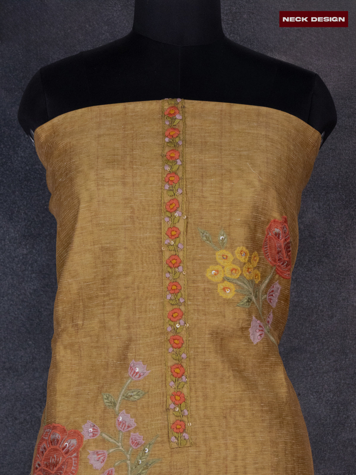 Tissue linen dress material mustard shade with floral design & embroidery kantha stich work and bottom & dupatta