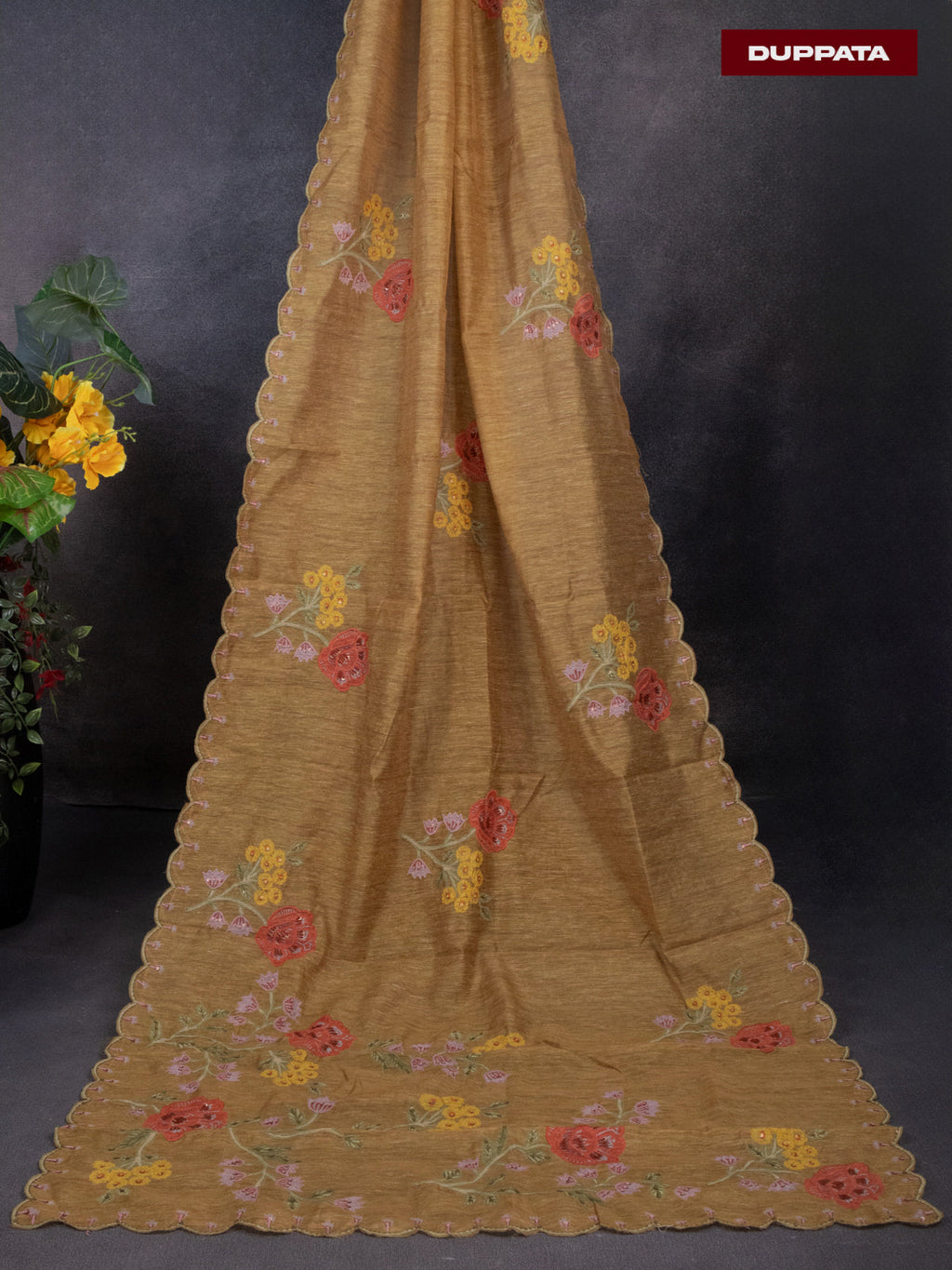 Tissue linen dress material mustard shade with floral design & embroidery kantha stich work and bottom & dupatta