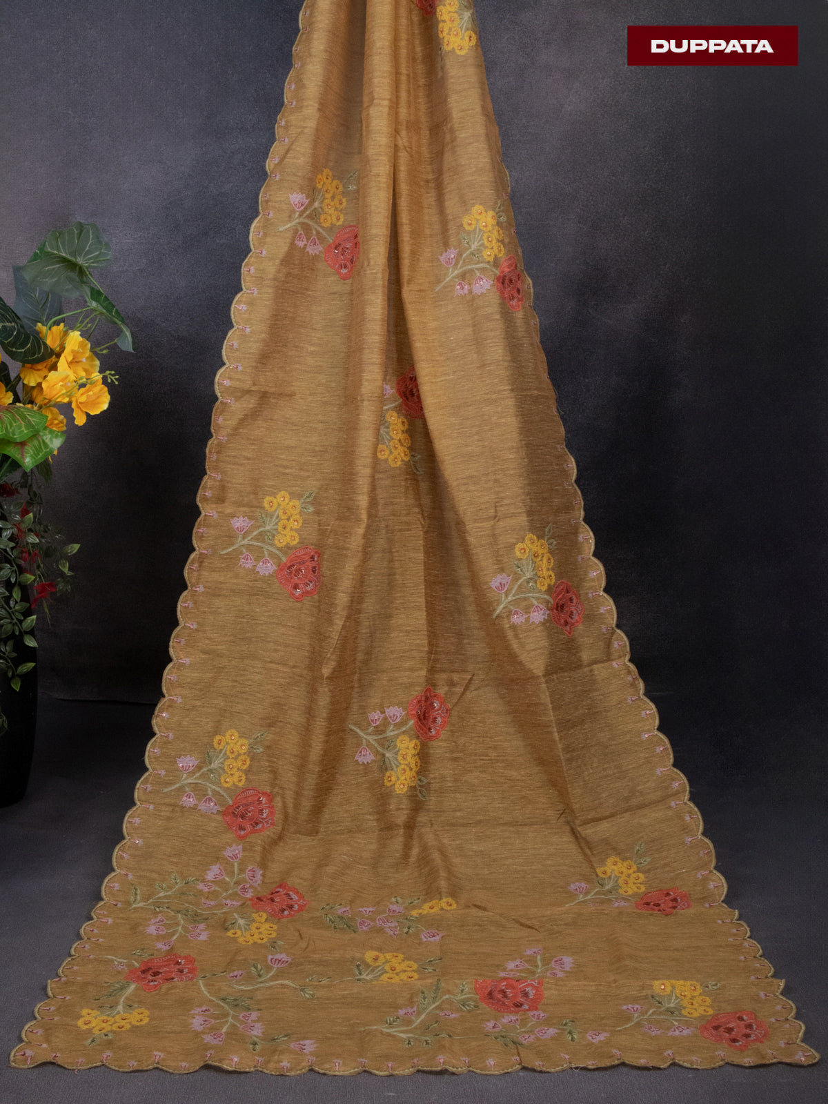 Tissue linen dress material mustard shade with floral design & embroidery kantha stich work and bottom & dupatta