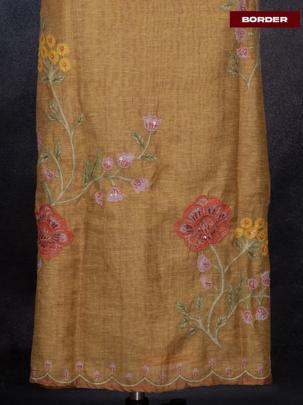 Tissue linen dress material mustard shade with floral design & embroidery kantha stich work and bottom & dupatta