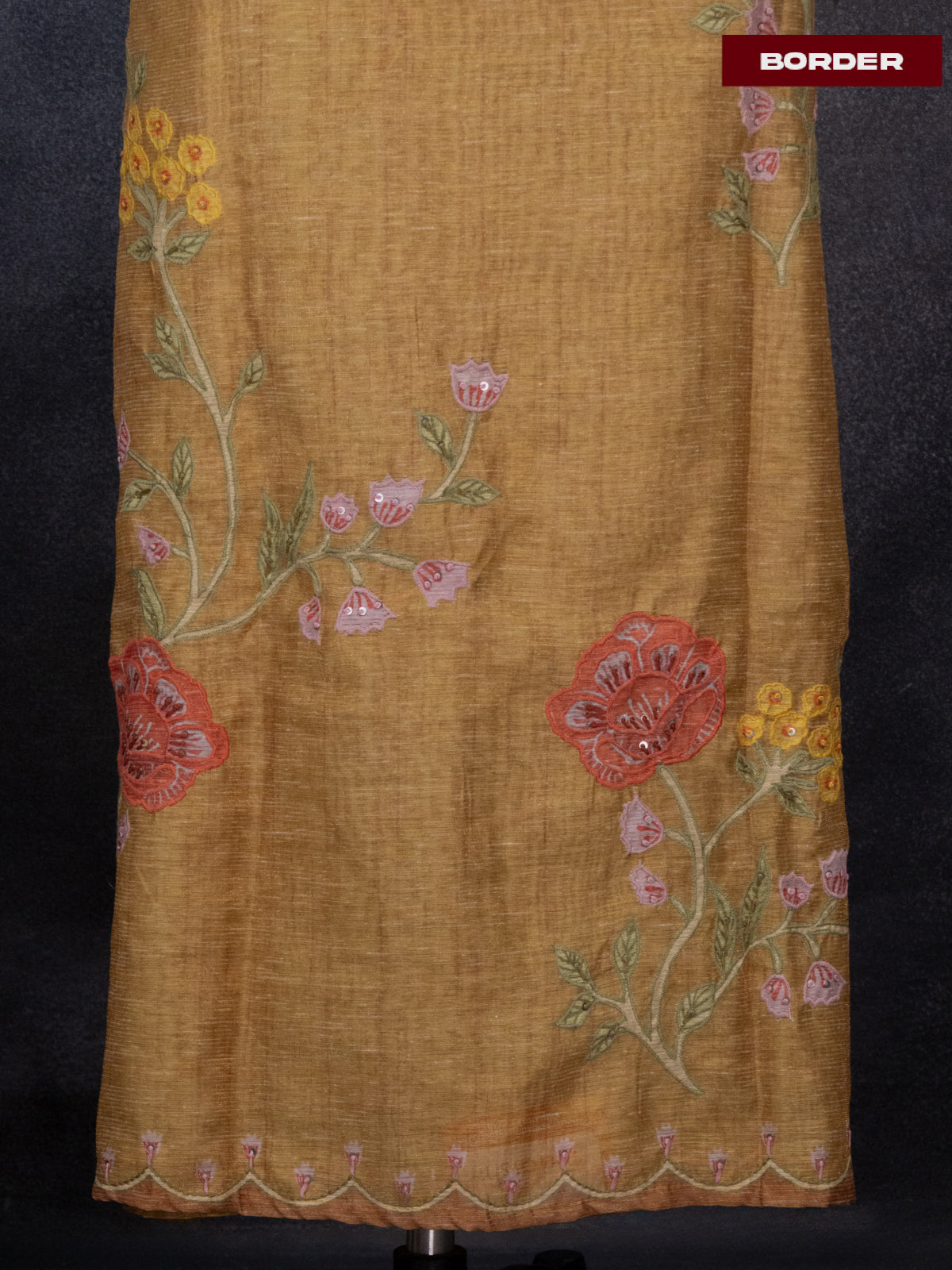 Tissue linen dress material mustard shade with floral design & embroidery kantha stich work and bottom & dupatta