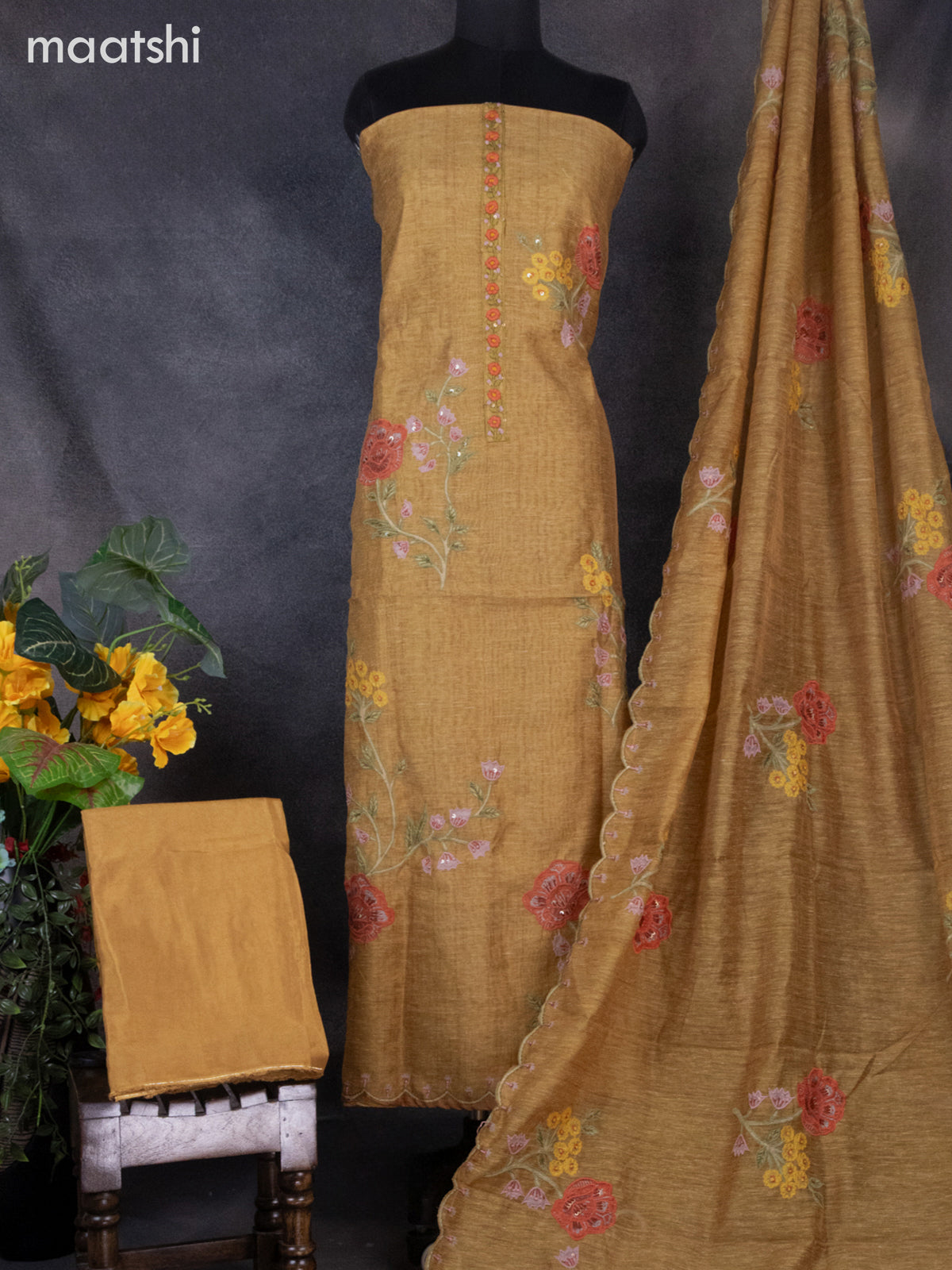 Tissue linen dress material mustard shade with floral design & embroidery kantha stich work and bottom & dupatta