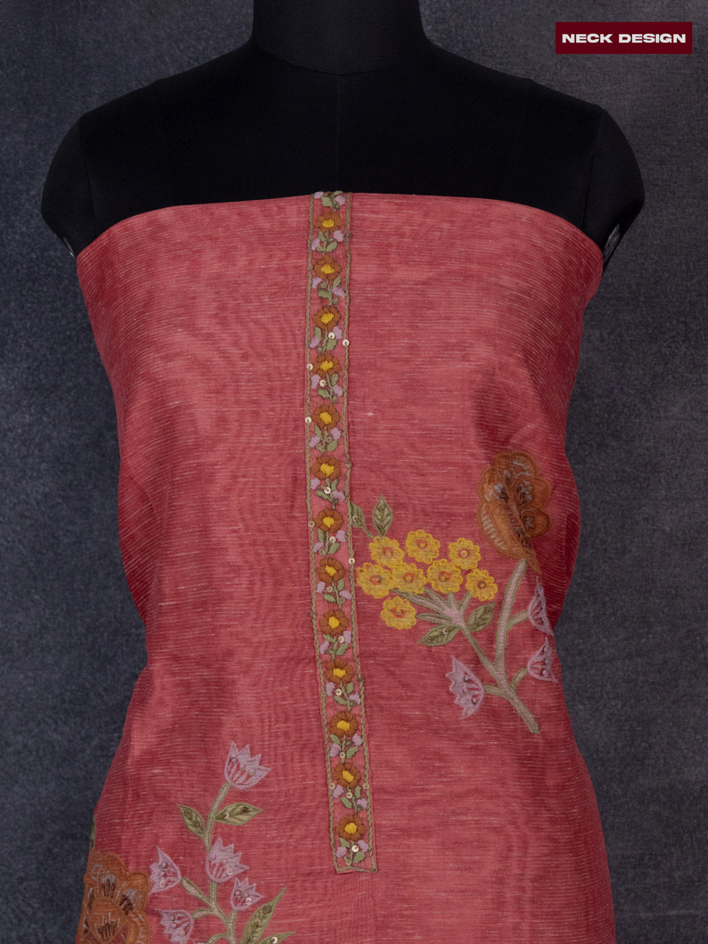 Tissue linen dress material dark peach with floral design & embroidery kantha stich work and bottom & dupatta