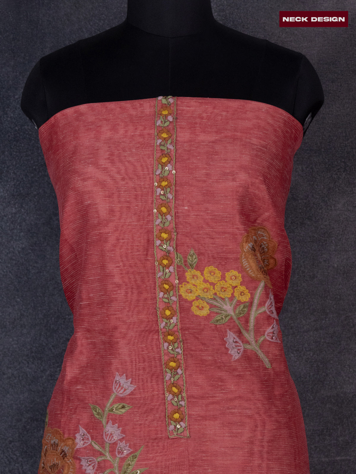Tissue linen dress material dark peach with floral design & embroidery kantha stich work and bottom & dupatta