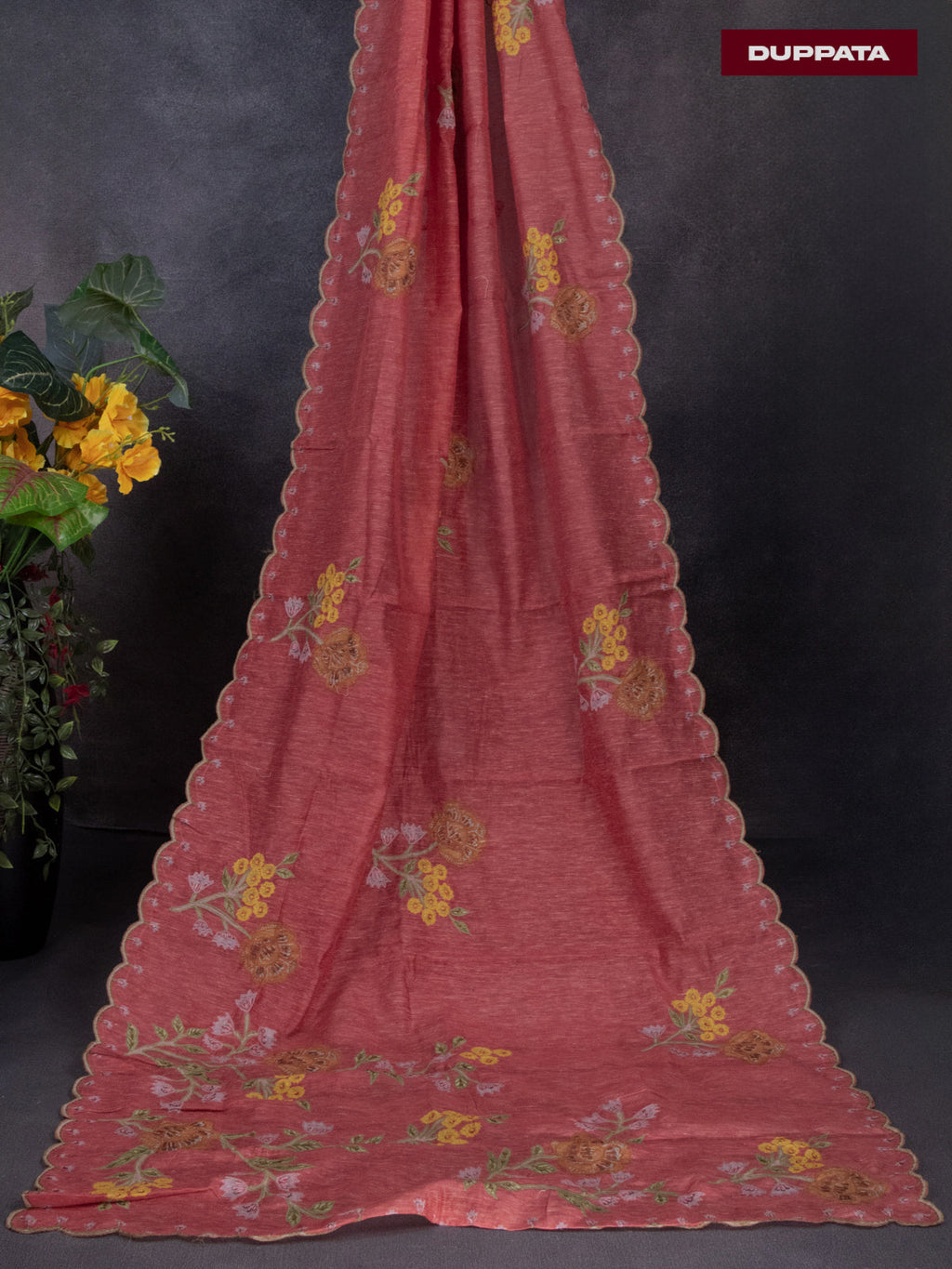 Tissue linen dress material dark peach with floral design & embroidery kantha stich work and bottom & dupatta