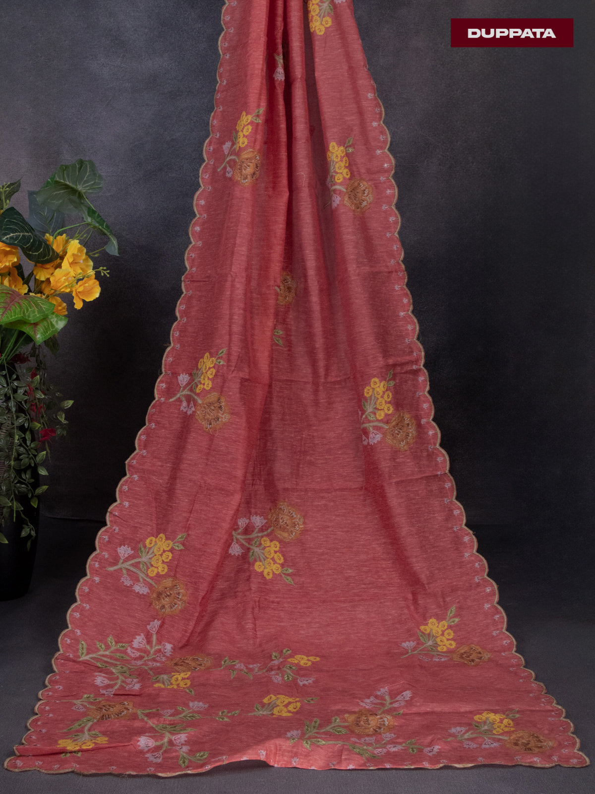 Tissue linen dress material dark peach with floral design & embroidery kantha stich work and bottom & dupatta