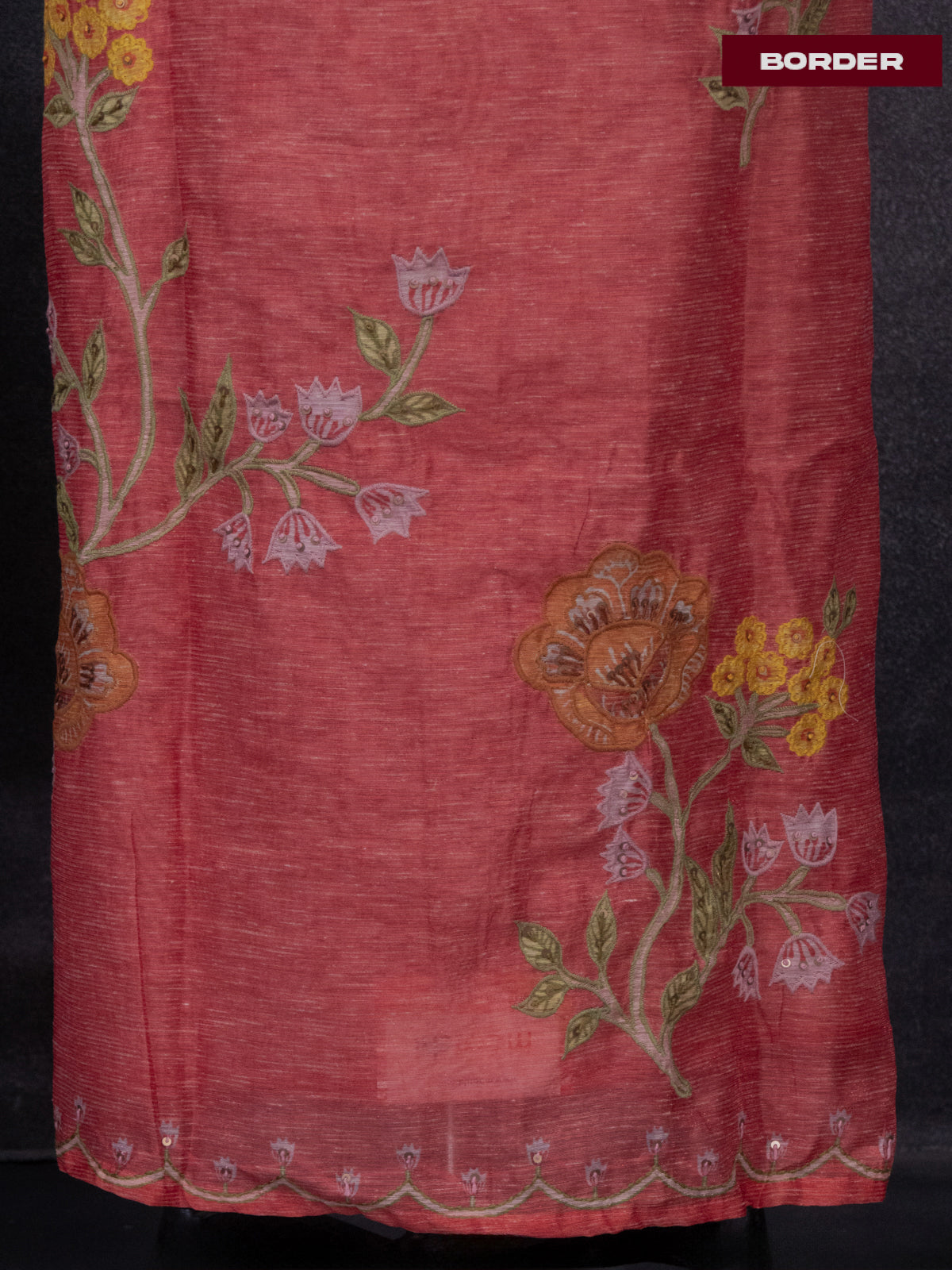 Tissue linen dress material dark peach with floral design & embroidery kantha stich work and bottom & dupatta