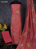 Tissue linen dress material dark peach with floral design & embroidery kantha stich work and bottom & dupatta