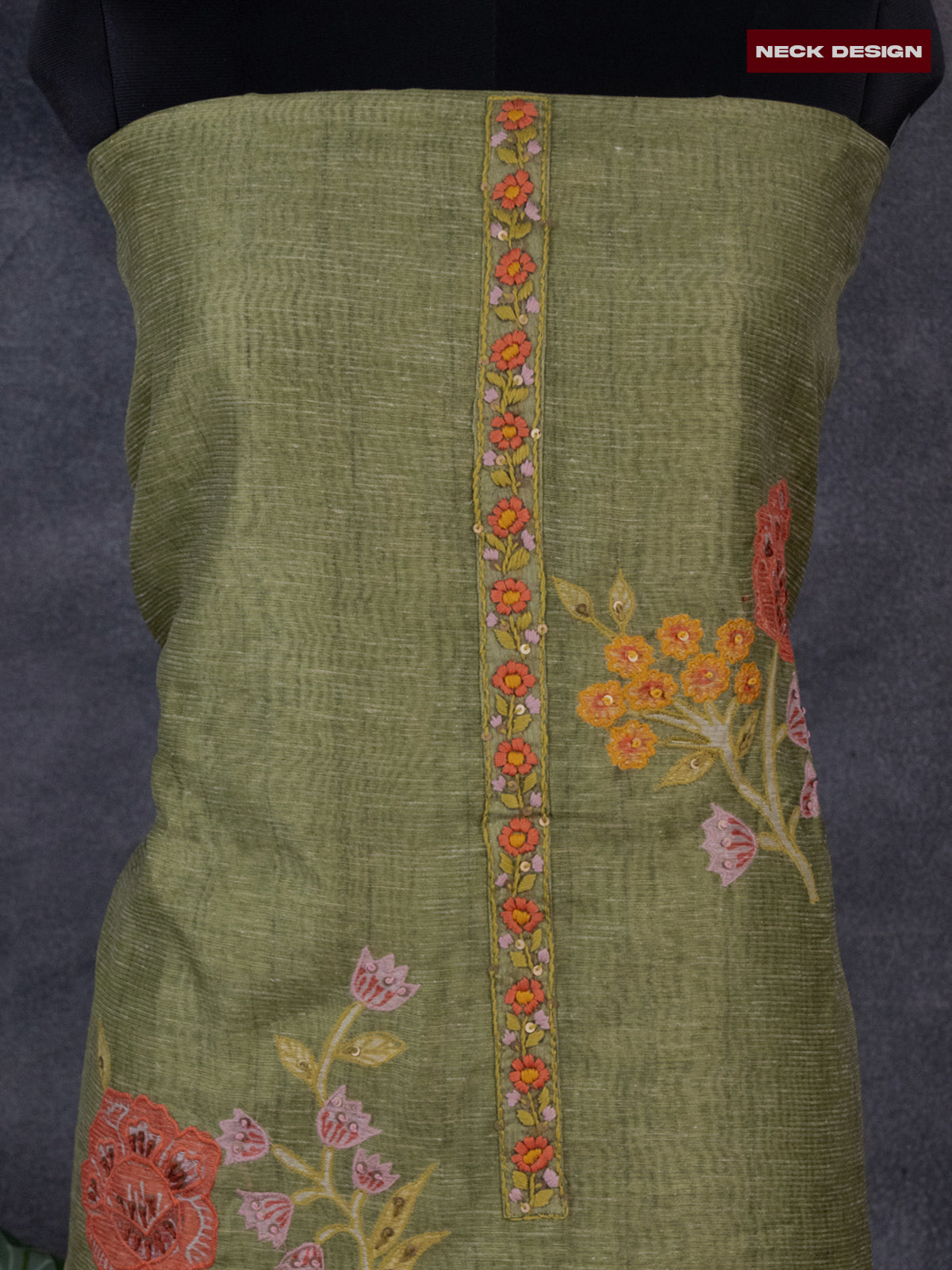 Tissue linen dress material green with floral design & embroidery kantha stich work and bottom & dupatta