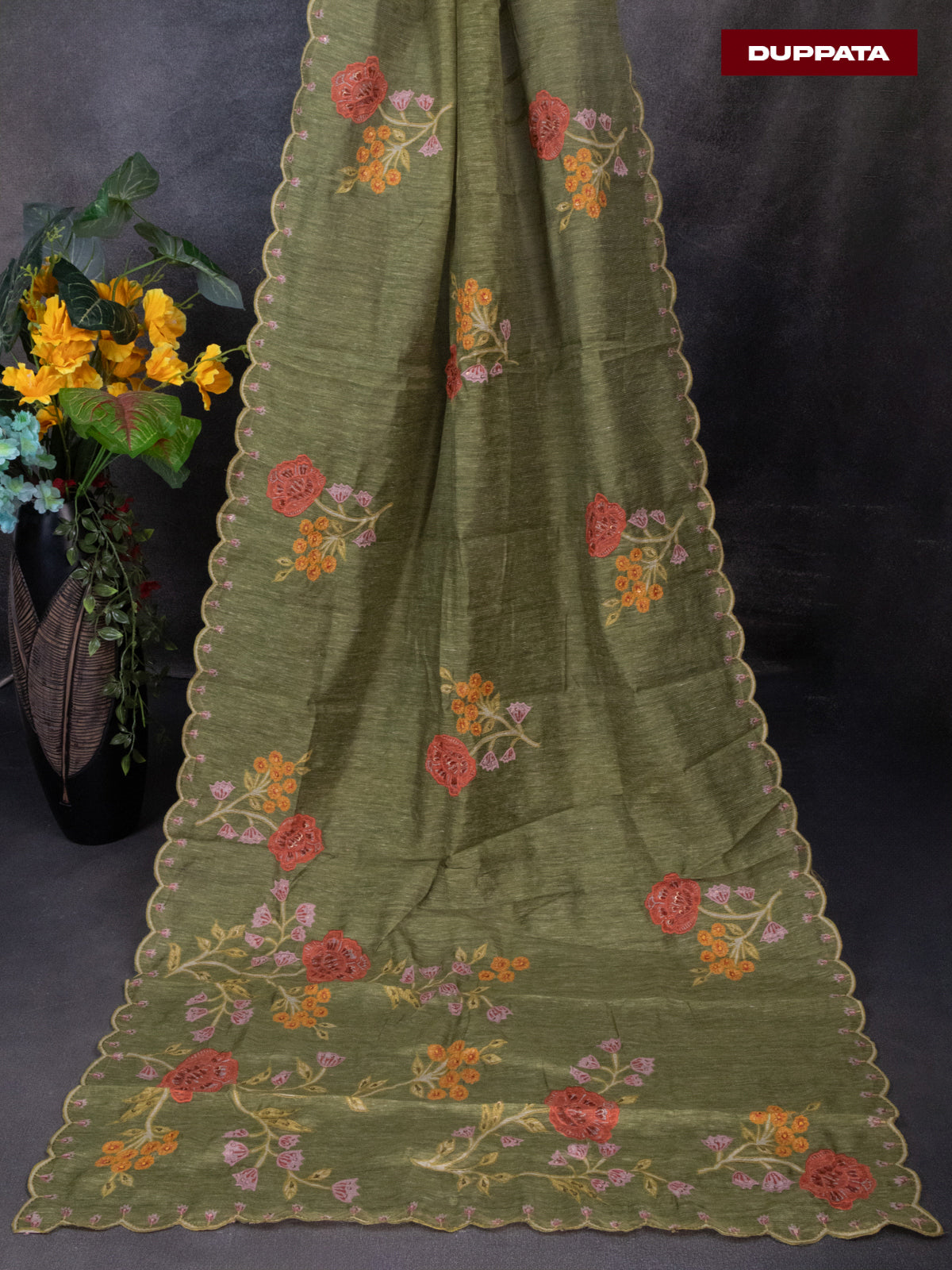 Tissue linen dress material green with floral design & embroidery kantha stich work and bottom & dupatta