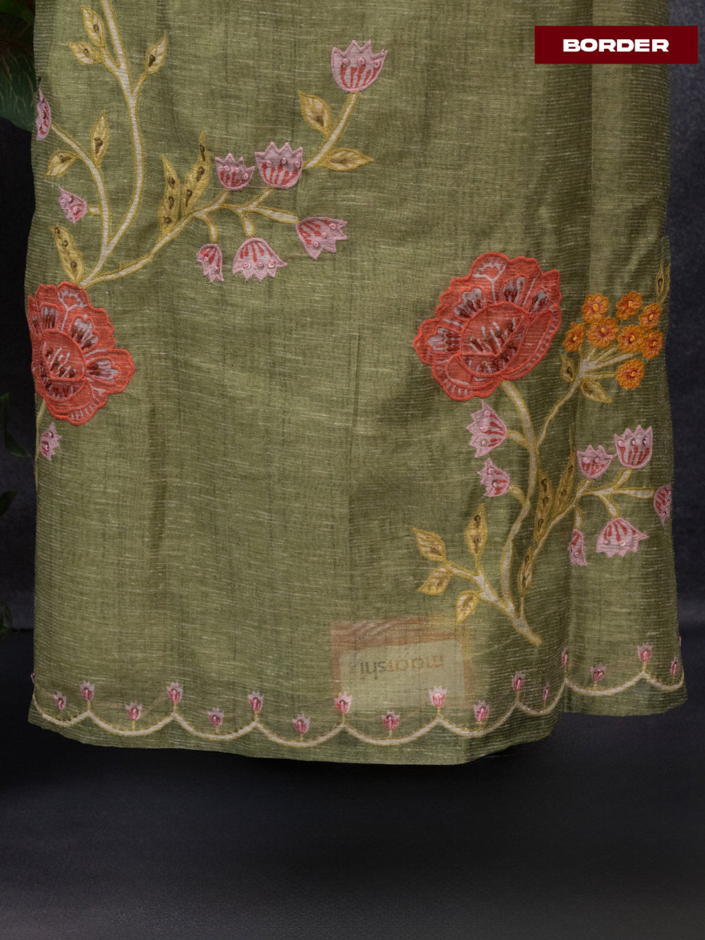 Tissue linen dress material green with floral design & embroidery kantha stich work and bottom & dupatta