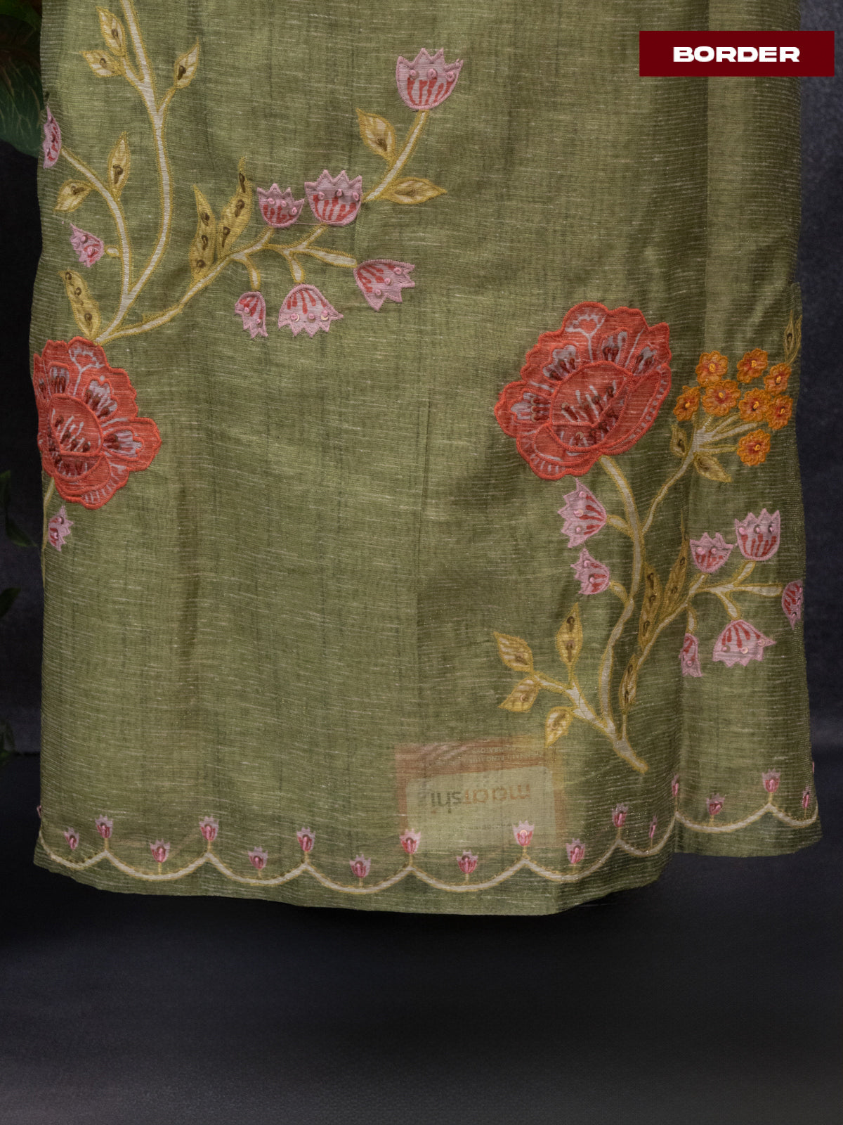 Tissue linen dress material green with floral design & embroidery kantha stich work and bottom & dupatta