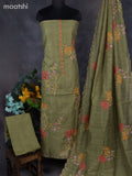 Tissue linen dress material green with floral design & embroidery kantha stich work and bottom & dupatta