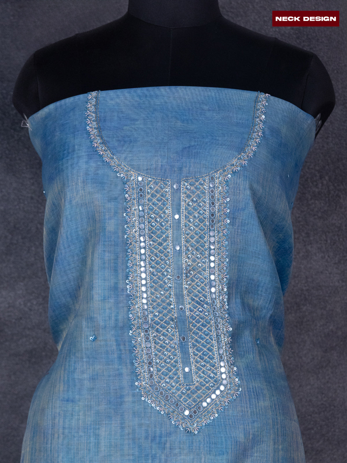 Tissue linen dress material peacock blue with sequin & mirror zardosi work neck pattern and bottom & printed dupatta