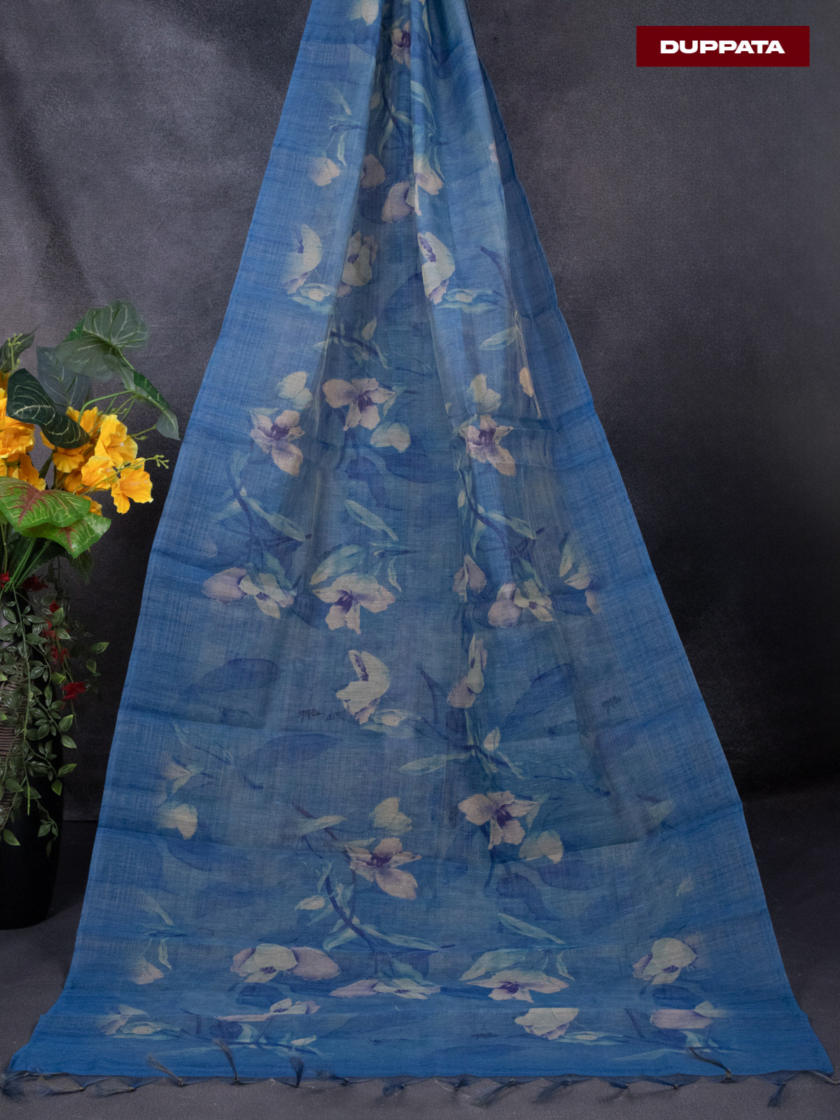 Tissue linen dress material peacock blue with sequin & mirror zardosi work neck pattern and bottom & printed dupatta