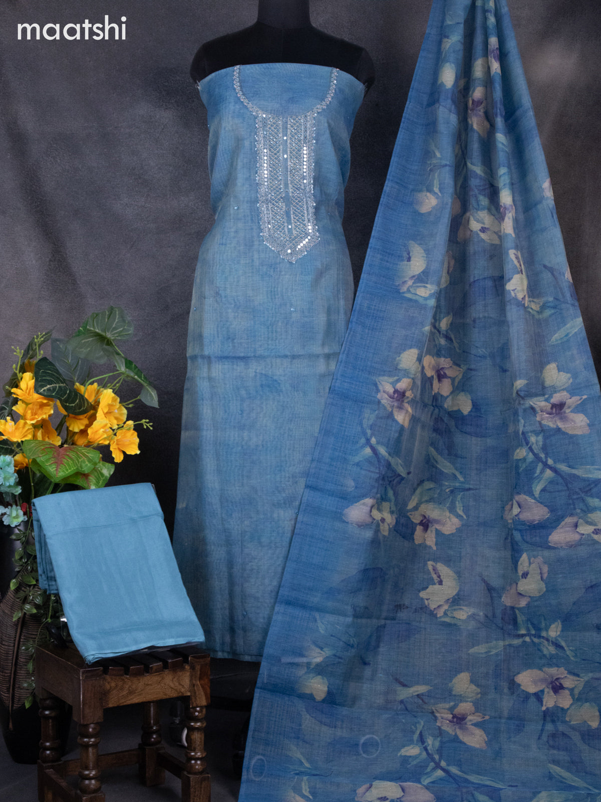 Tissue linen dress material peacock blue with sequin & mirror zardosi work neck pattern and bottom & printed dupatta