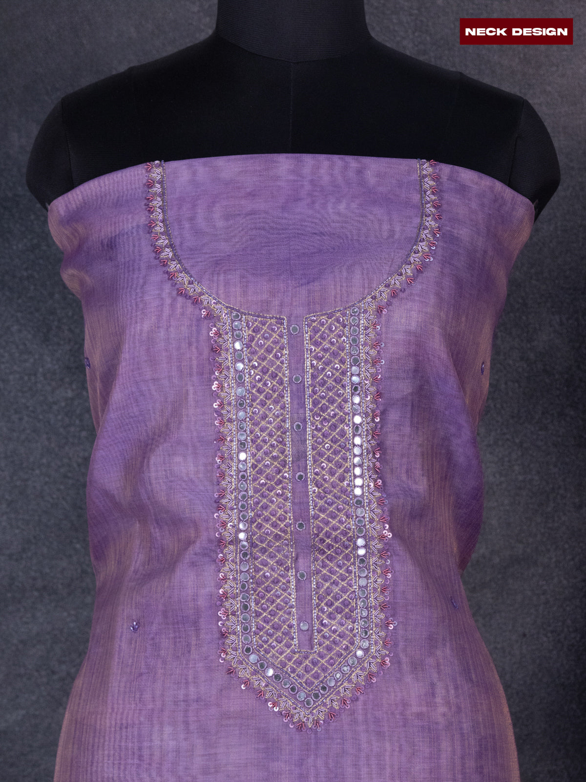 Tissue linen dress material lavender shade with sequin & mirror zardosi work neck pattern and bottom & printed dupatta
