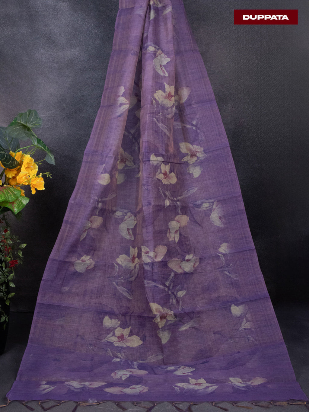 Tissue linen dress material lavender shade with sequin & mirror zardosi work neck pattern and bottom & printed dupatta