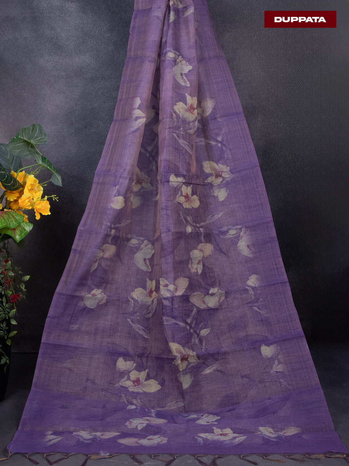 Tissue linen dress material lavender shade with sequin & mirror zardosi work neck pattern and bottom & printed dupatta
