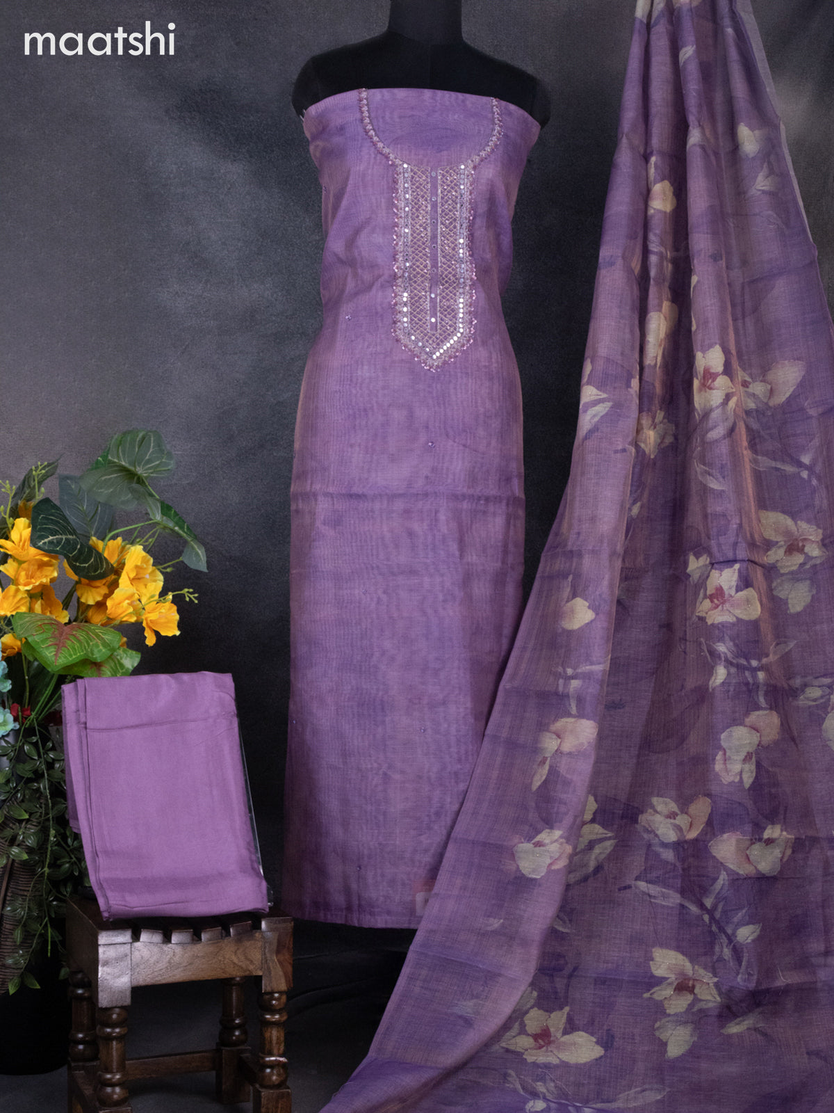 Tissue linen dress material lavender shade with sequin & mirror zardosi work neck pattern and bottom & printed dupatta