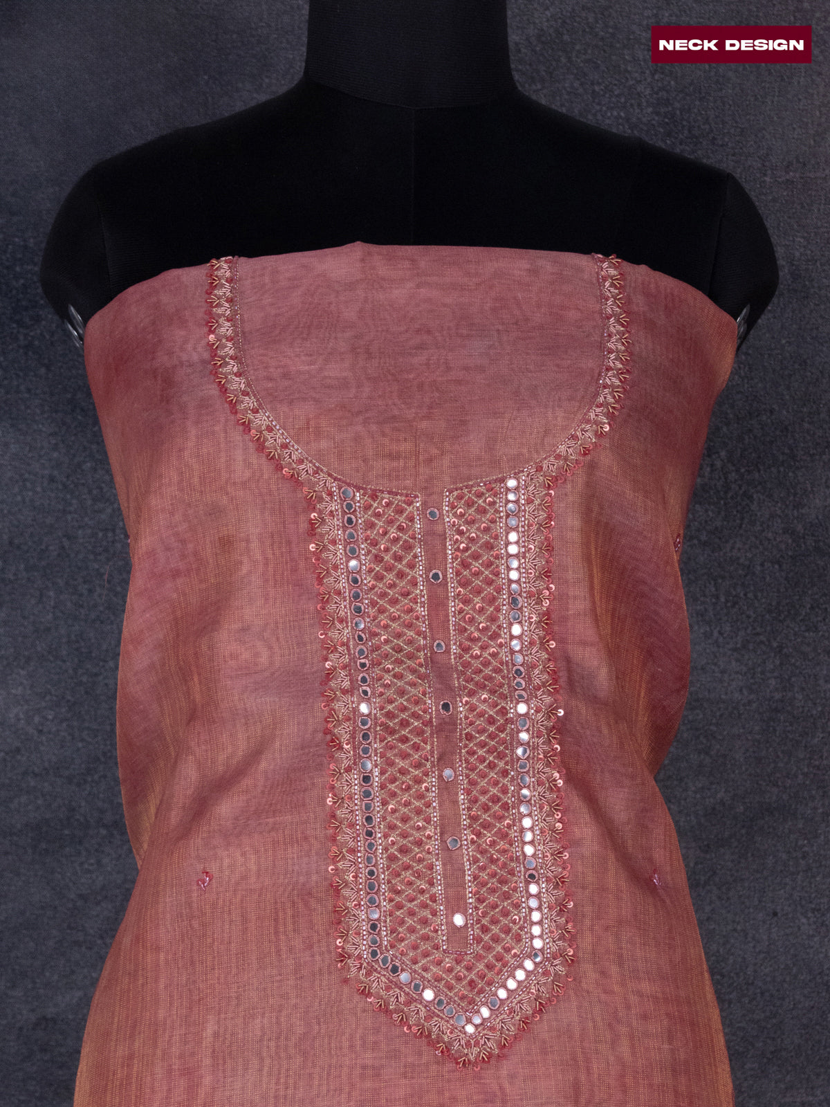 Tissue linen dress material rust shade with sequin & mirror zardosi work neck pattern and bottom & printed dupatta