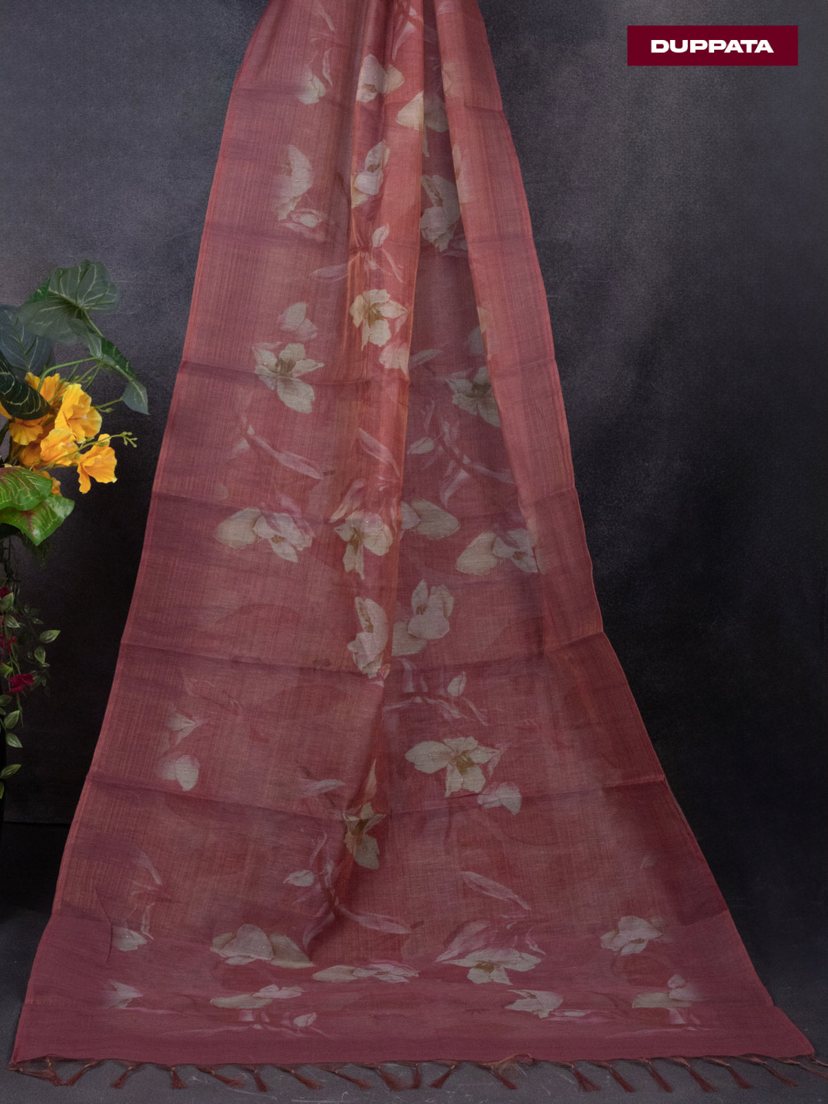 Tissue linen dress material rust shade with sequin & mirror zardosi work neck pattern and bottom & printed dupatta