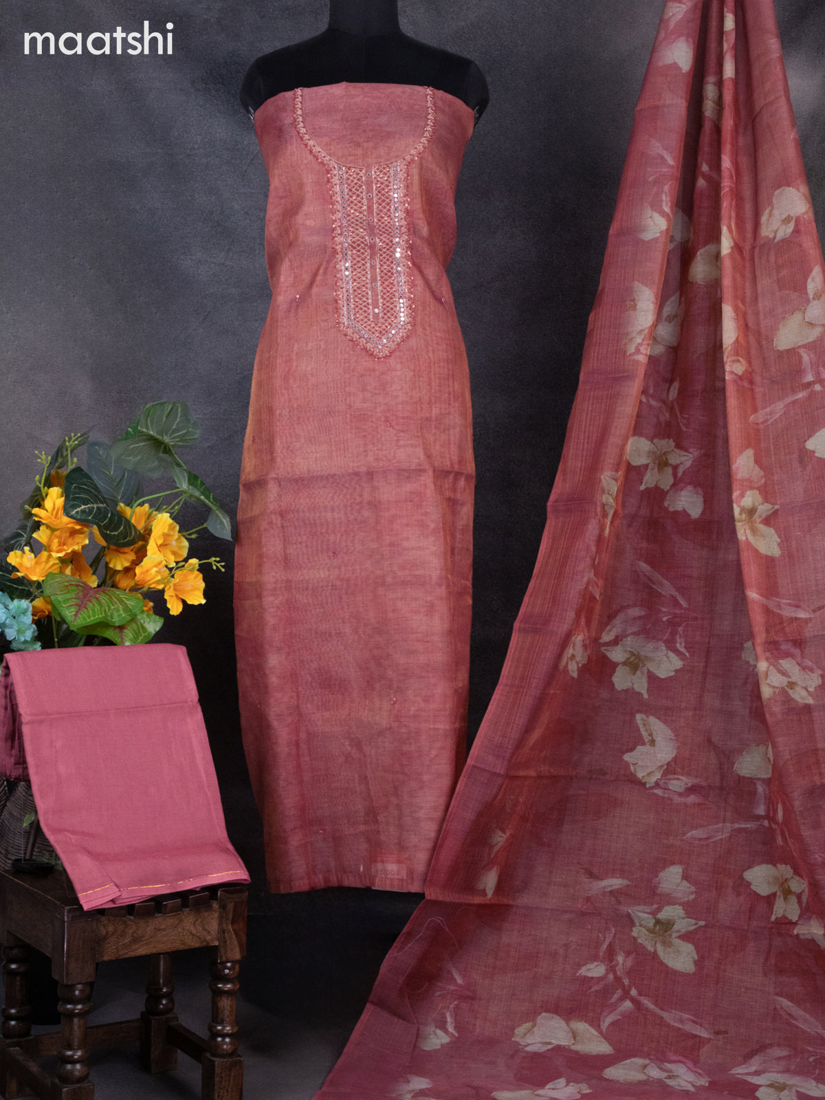 Tissue linen dress material rust shade with sequin & mirror zardosi work neck pattern and bottom & printed dupatta